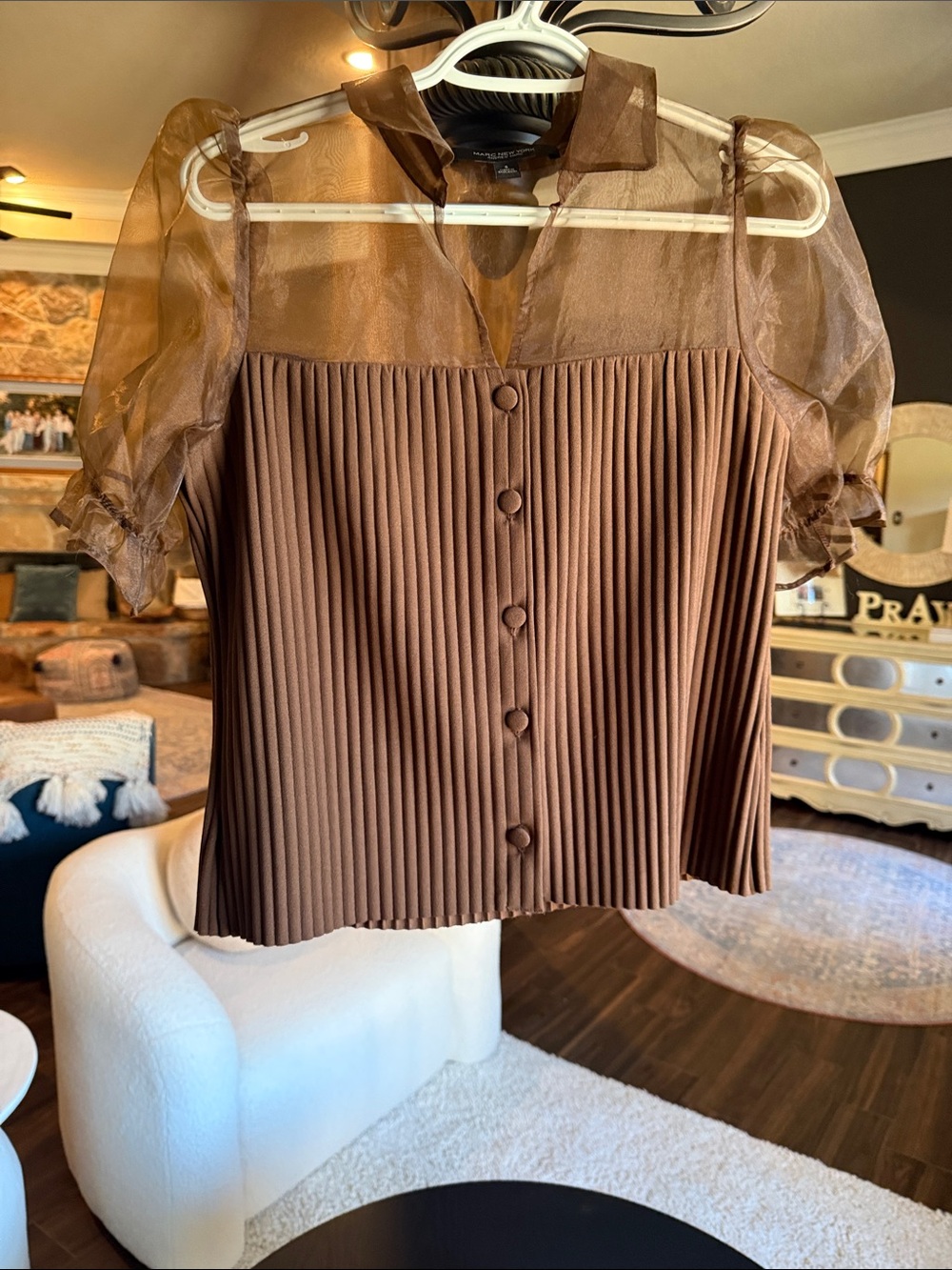 Brown Pleated Button-Front Blouse with Sheer Puff Sleeves